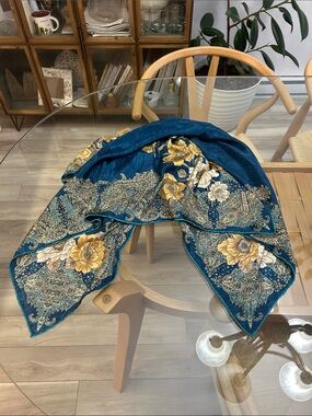 Teal Floral Paisley Silk Scarf with Gold Roses